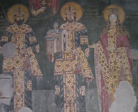 Kralj Dragutin između brata, kralja Milutina, i supruge Kateline, freska iz manastira u Arilju