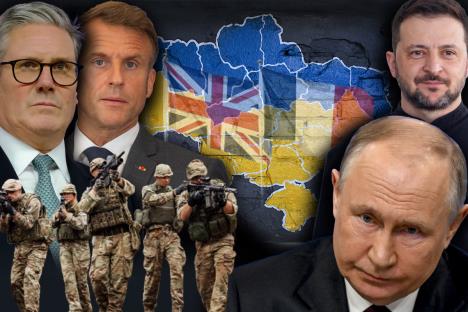 britanski premijer Kir Starmer francuski predsednik Emanuel Makron ukrajinski predsednik Volodimir Zelenski ruski predsednik Vladimir Putin