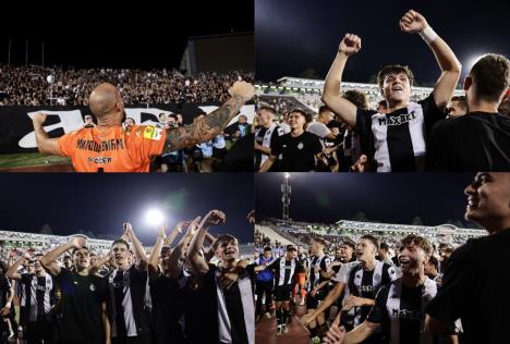 Slavlje igrača i navijača Partizana posle utakmice sa Oleksandrijom