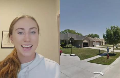 Deka i dvoje dece igraju softball ispred kuće, snimljeni Google Earth kamerom 2012. godine.