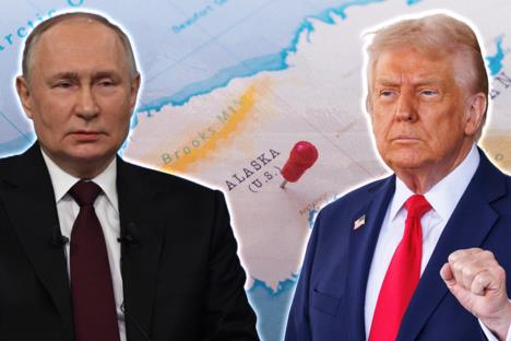 Predsednik Rusije Vladimir Putin i predsednik SAD Donald Tramp, iza njih mapa Aljaske