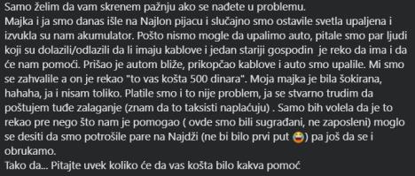Printscreen poruke sa Fejsbuk grupe Novosađanke
