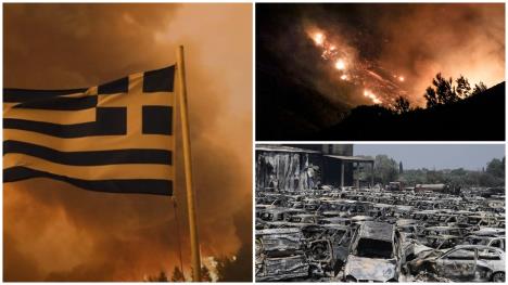 Požar u Grčkoj/Grčka zastava u dimu/spaljeni automobili