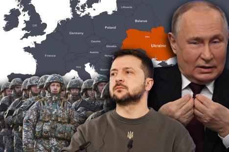 ukrajinski predsednik Volodimir Zelenski ruski predsednik Vladimir Putin mapa Evrope vojska