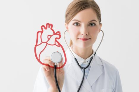 doktorka sa stetoskopom i anatomskim modelom srca, koncept kardiolog