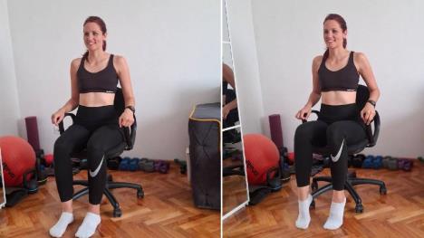 devojka sedi na stolici sa stopalima oslonjenim na pod na drugoj slici podiđe pete dok su prsti na podu