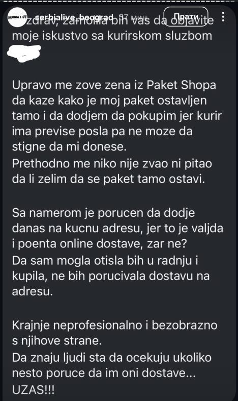 Objava, postupak kurirske službe razbesneo Beograđanku