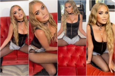 Karmen Elektra u crnom satenskom korsetu i teksas šorcu pozira na crvenom kauču dok se oprašta od svog starog doma