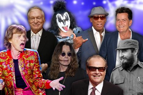 Hju Hefner Džin Simons Fidel Kastro Ozi Ozborn Mik Džeger Čarli Šin Denis Rodman - kolaž fotografija