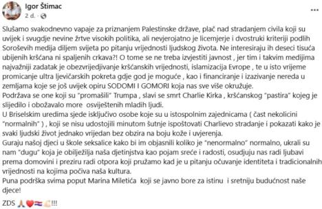 Obrisana objava Igora Štimca