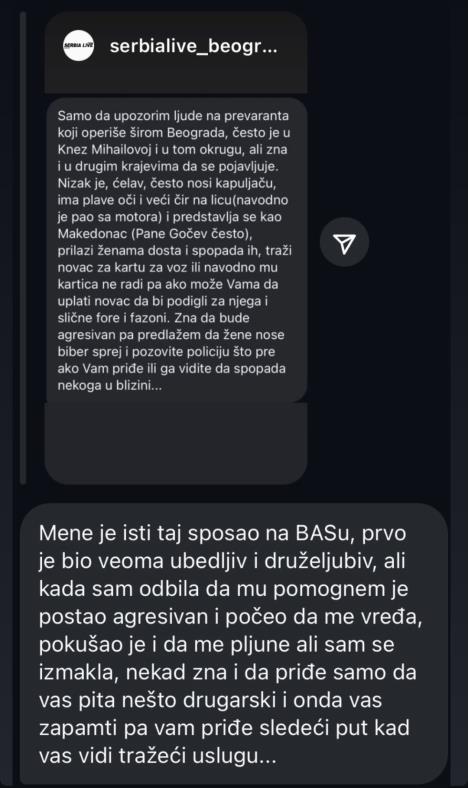 Objava, upozorenje na prevaranta u centru Beograda