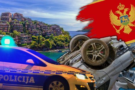 Policijski automobil, udes, crnogorska zastava i fotografija Budve