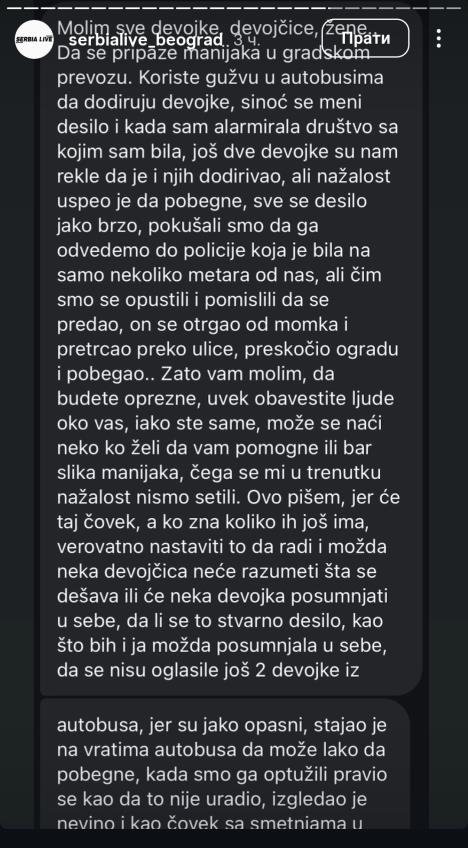 Objava sa upozorenjem na manijaka u prevozu