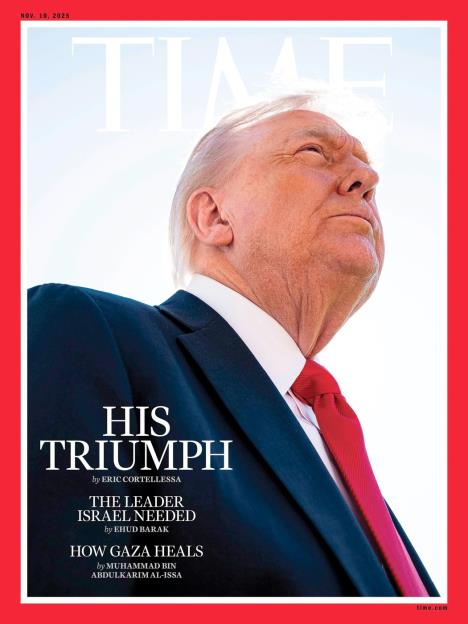 Donald Tramp gleda ka nebu na naslovnoj strani magazina Time pod nazivom „His Triumph“.
