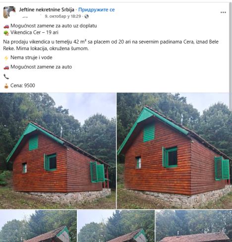 Oglas za prodaju vikendice na Ceru