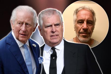 Kralj Čarls, princ Endrju, Džefri Epstajn - kolaž fotografija