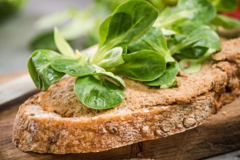 zdrav namaz sa tofu sirom premazan preko domaćeg hleba i ukrašen sa salatom matovilac