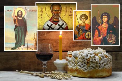 Slavski kolač, sveća, vino i ikone Svetog Jovana, Svetog Nikole, Svetog Aranđela i Đurđica