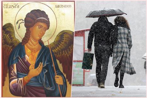 Ikona Aranđelovdan i par koji šeta po snegu, kolaž fotografija