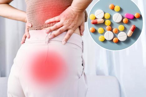 žena se drži za bolni donji deo leđa koji je obeležen crvenim krugom, boli je i kuk/lekovi