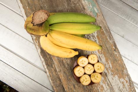 banane različite zrelosti i tanjir sa iseckanim bananama na stolu