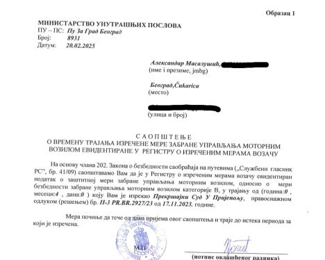 Aleksandar Masalušić saobraćajni prekršaj