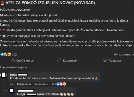 Apel za pomoć u grupi Novosađanke