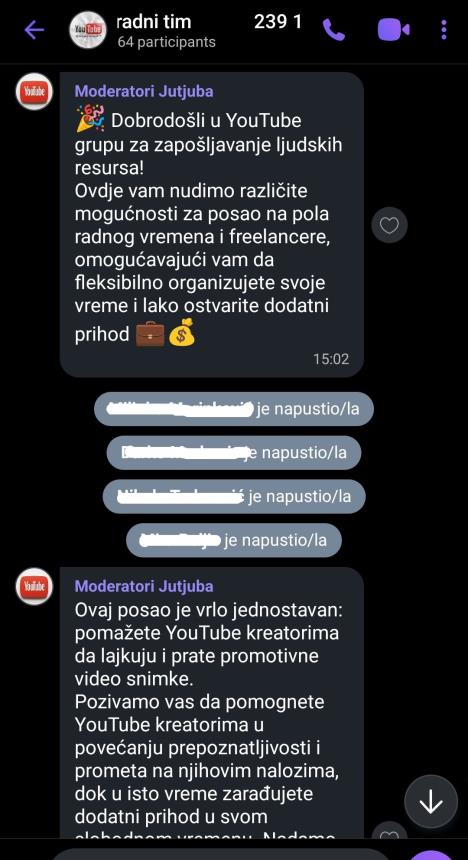 Printskrin grupe koja ubacuje nova članove