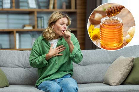 žena se drži za grudi dok kašlje/tegla meda