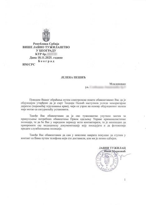 Više javno tužilaštvo o smrti Teodore Pešić