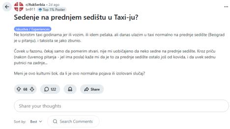 Objava o sedenju u taksi vozilu