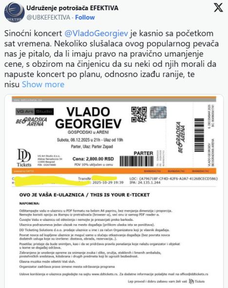 Udruženje Potrošača oglasilo se povodom kašnjenja koncerta Vlade Georgieva
