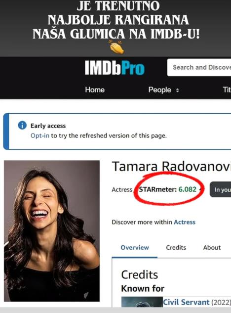 Tamara Radovanović je 3 najbolje rangirana srpska glumica na sajtu IMDB