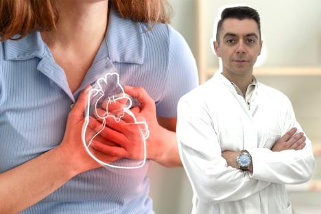 dr Aleksandar Cicović/žena koja se drži za grudi u predelu srca, koncept srčani udar