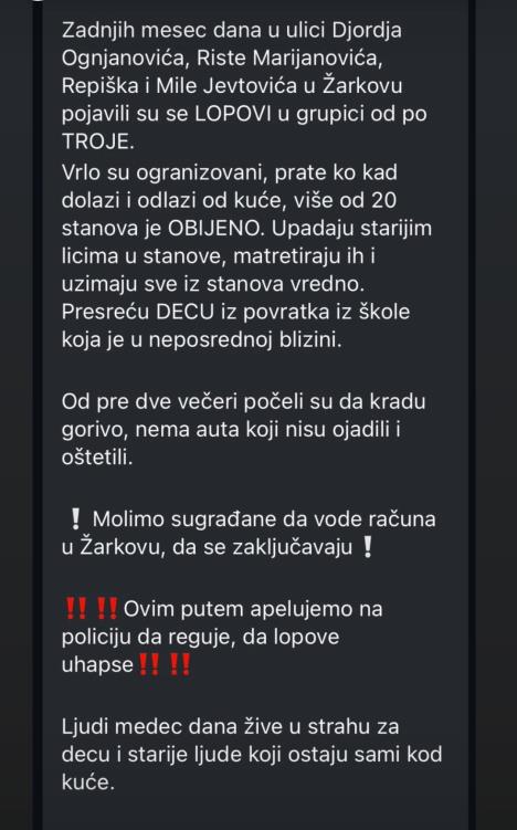 Upozorenje za krađe i provale u stanove na Žarkovu