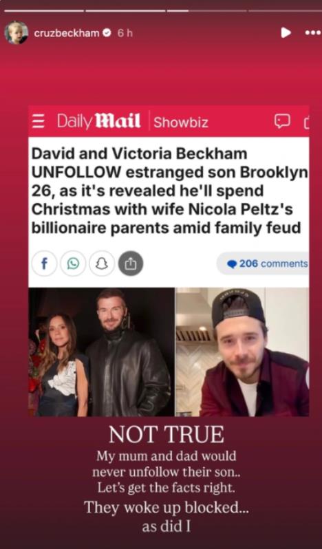 Kruz Bekam tvrdi da je Bruklin Bekam blokirao njega, Viktoriju i Dejvida na Instagramu