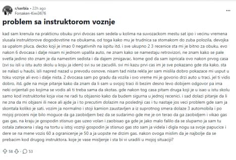 Objava sa Redita devojka ima problem sa instruktorom vožnje
