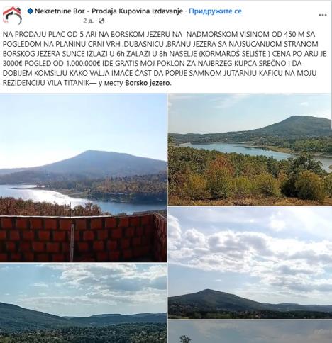 Oglas za prodaju placa na Borskom jezeru