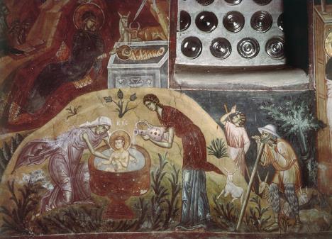 Rođenje Isusa Hrista, freska u manastiru Pećka Patrijaršija na Kosovu i Metohiji
