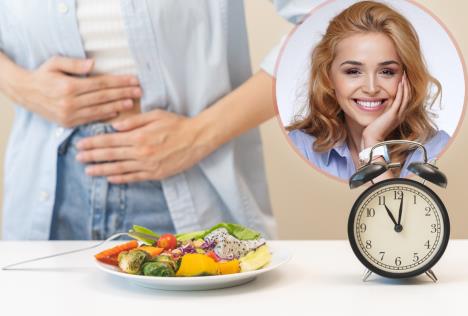 slika osobe koja se drži za stomak, a na stolu je hrana/Dajana Švraka MIlutinović, nutricionista