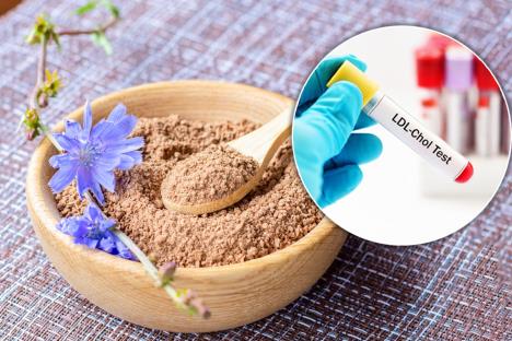 mleveni koren cikorije u drvenoj činiji/epruveta sa naptisom LDL holesterol