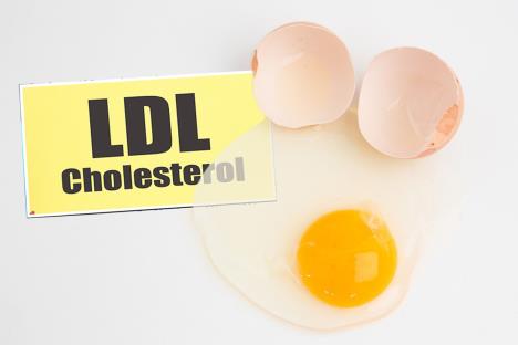 puknuto jaje, žumance i belance/natpis LDL holesterol