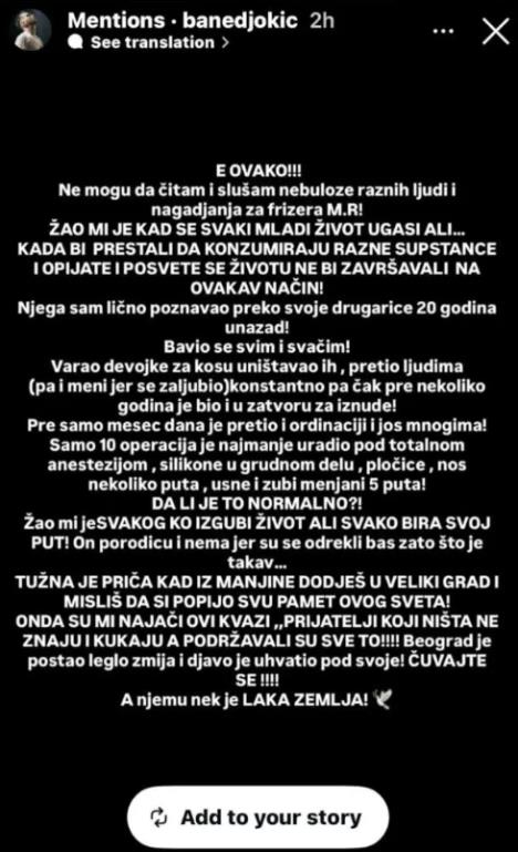 Oglasio se Bane Đokić povodom smrti Matije Radulovića