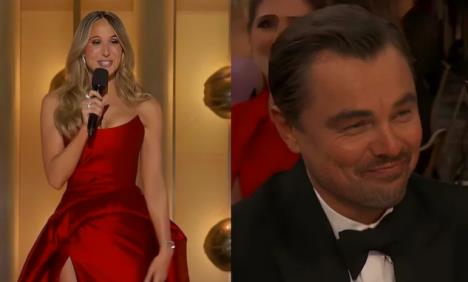 Niki Glejzer na sceni Zlatnih globusa u hotelu Beverli Hilton u Los Anđelesu i Leonardo Dikaprio