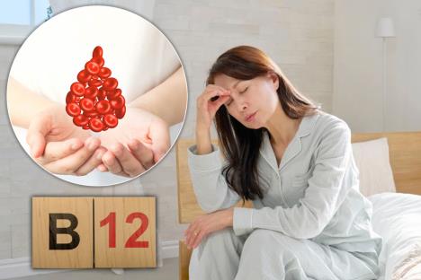 žena koja se sedi na krevetu i oseća manjak energije/slikovit prikaz kapljice krvi u vidu crvenih krvnih zrnaca/vitamin b12