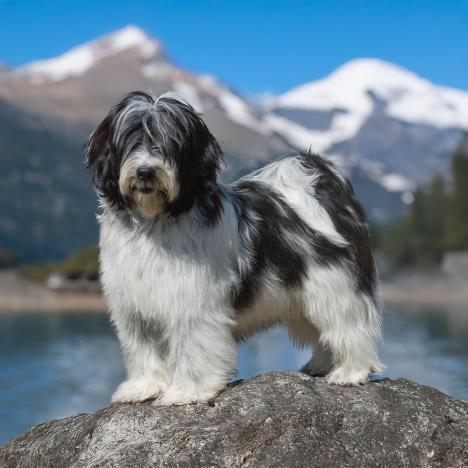 Tibetanski terijer stoji na steni