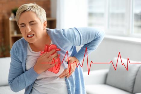 žena u srednjim godinama se drži za grudi u predelu srca, grafički prikaz srca sa otkucajima