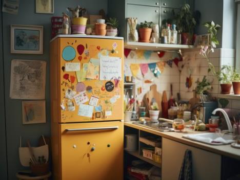 Fotografija kuhinje, u fokusu žuti frižider sa stikerima i magnetima