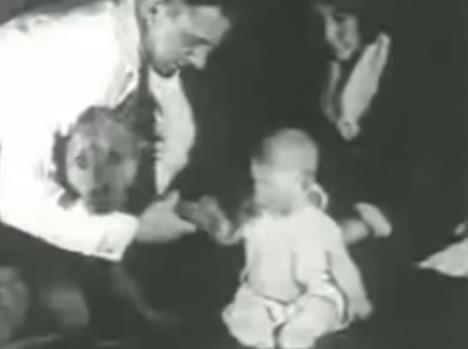 Snimak psihološkog eksperimenta „Mali Albert“ iz 1920. godine u kojem je beba uslovljavana da se plaši belog pacova (3).png