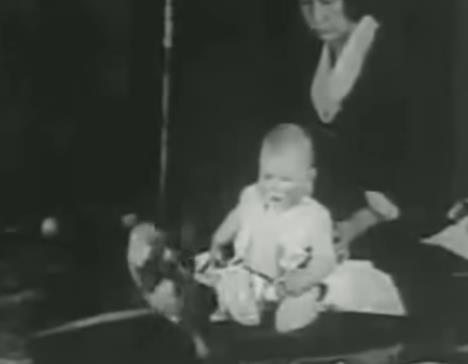 Snimak psihološkog eksperimenta „Mali Albert“ iz 1920. godine u kojem je beba uslovljavana da se plaši belog pacova (6).png